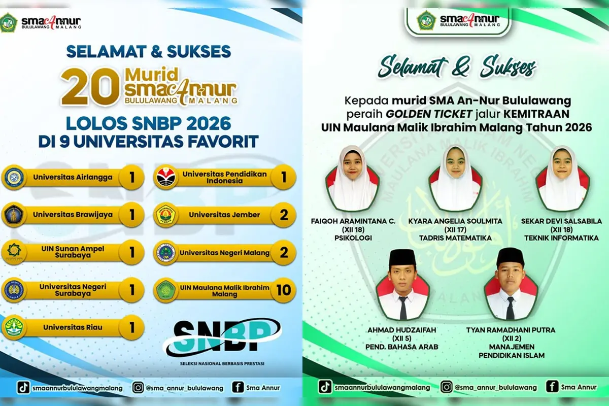 20 Siswa SMA An Nur Bululawang Malang Tembus SNBP 2026 dan Jalur Golden Tiket di 9 Kampus Ternama