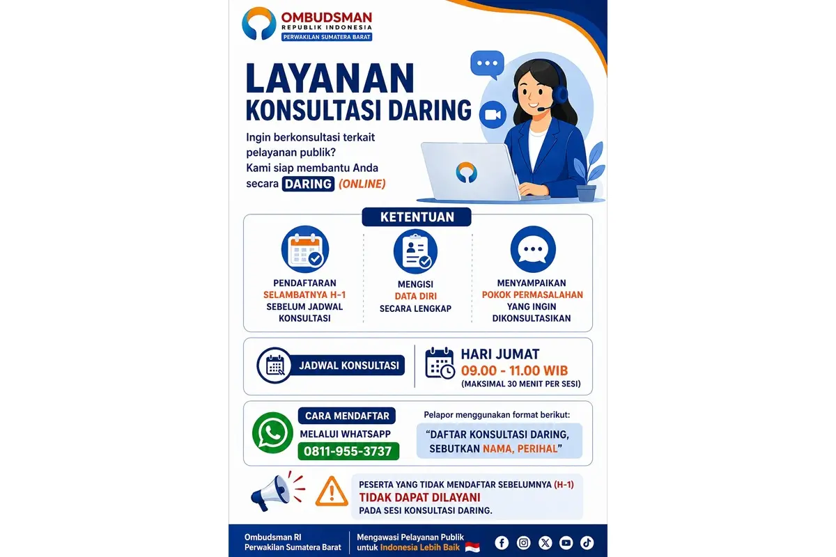 Terima Keluhan Pelayanan Publik, Ombudsman Sumbar Buka Jalur Konsultasi Daring